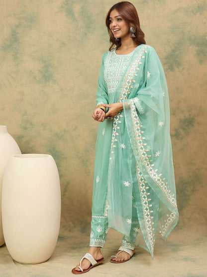 Dhiyona VA Women's Ethnic Motifs Embroidered Round Neck Straight Kurta with Trousers & Dupatta