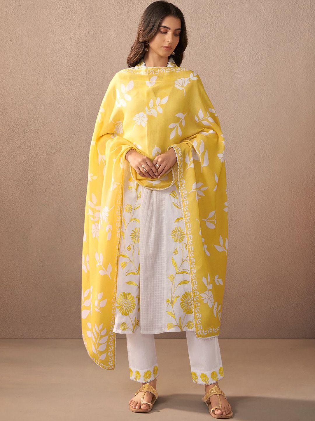 Dhiyona IE Floral Embroidered Thread Work Pure Cotton A-Line Kurta with Trouser & Dupatta