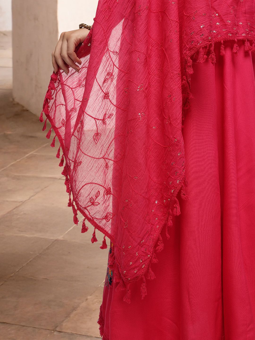 Dhiyona IS Women's Embroidered Thread Work Round Neck A-Line Kurta with Trousers & Dupatta