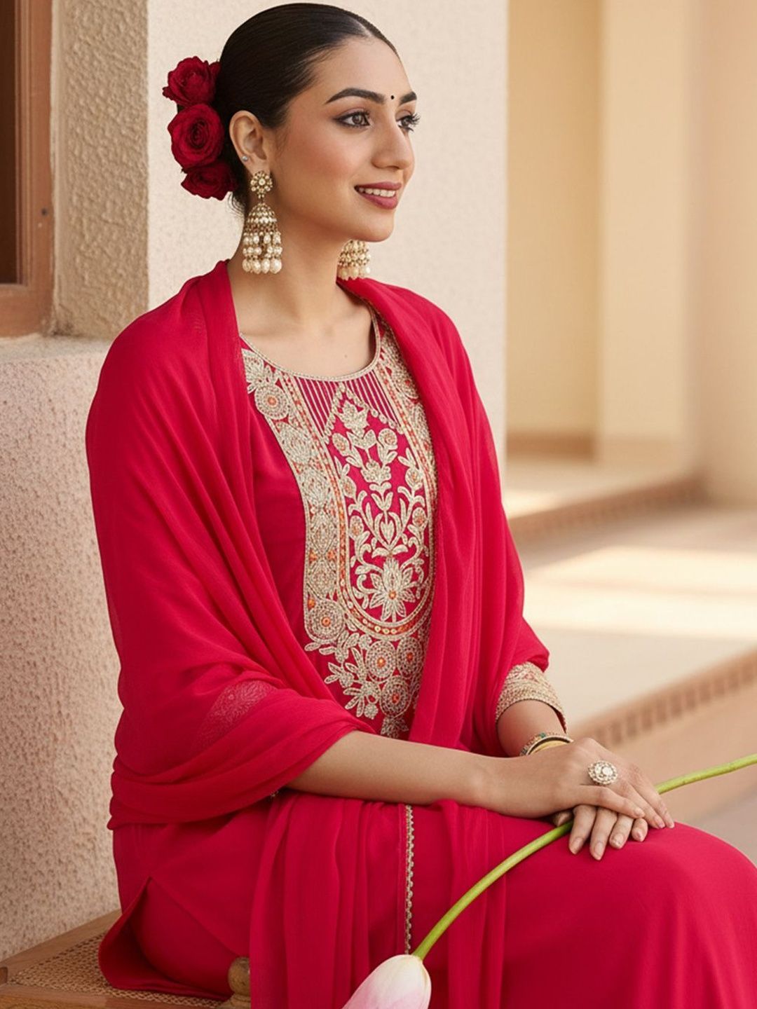 Ethnic Motifs Embroidered Thread Work Kurta With Trousers & Dupatta