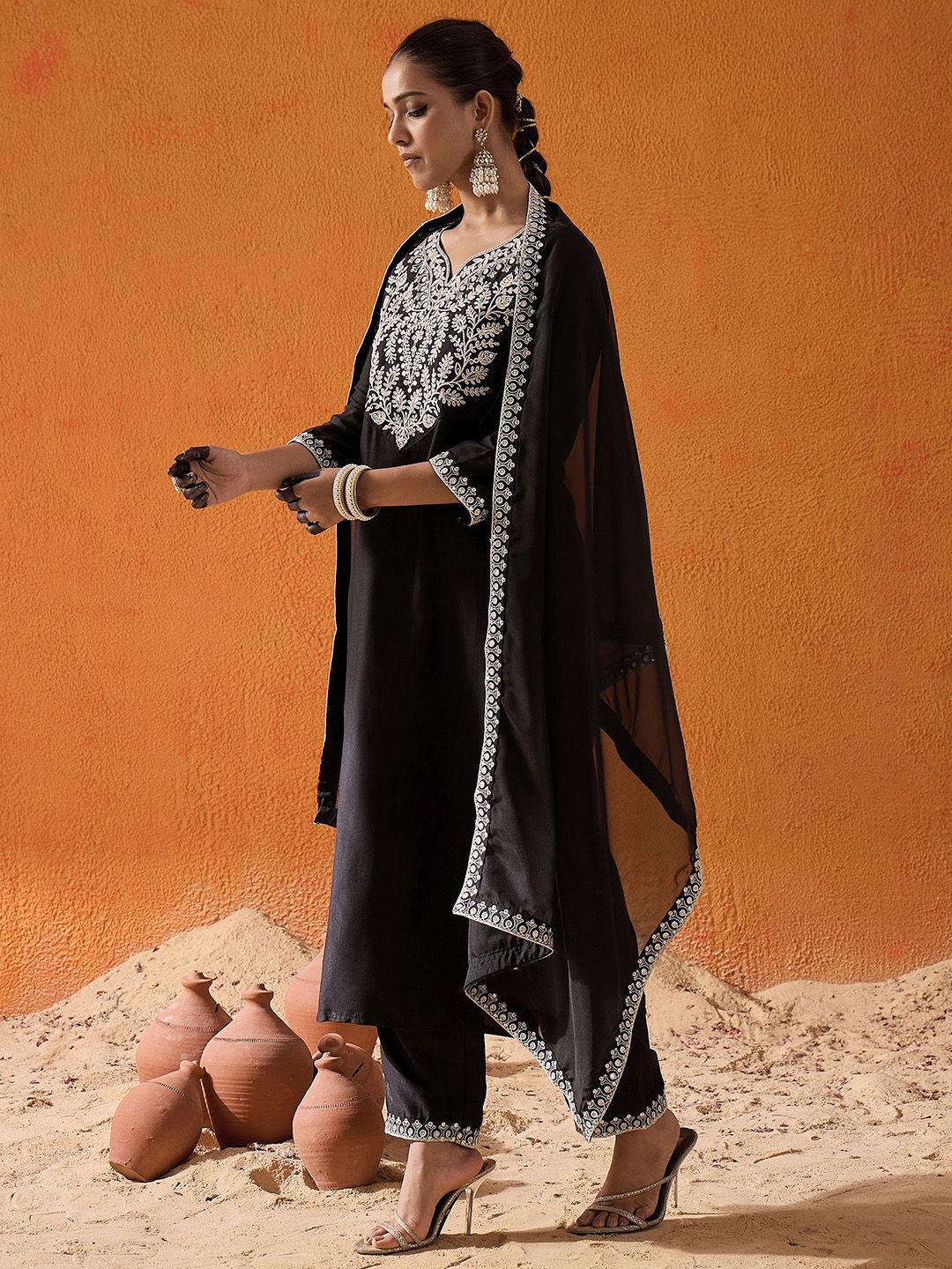 Black Floral Yoke Design Straight Sequinned Kurta With Trousers & Dupatta