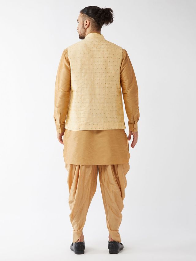Men's Rose Gold Silk Blend Straight Jacket  Kurta and Dhoti Set
