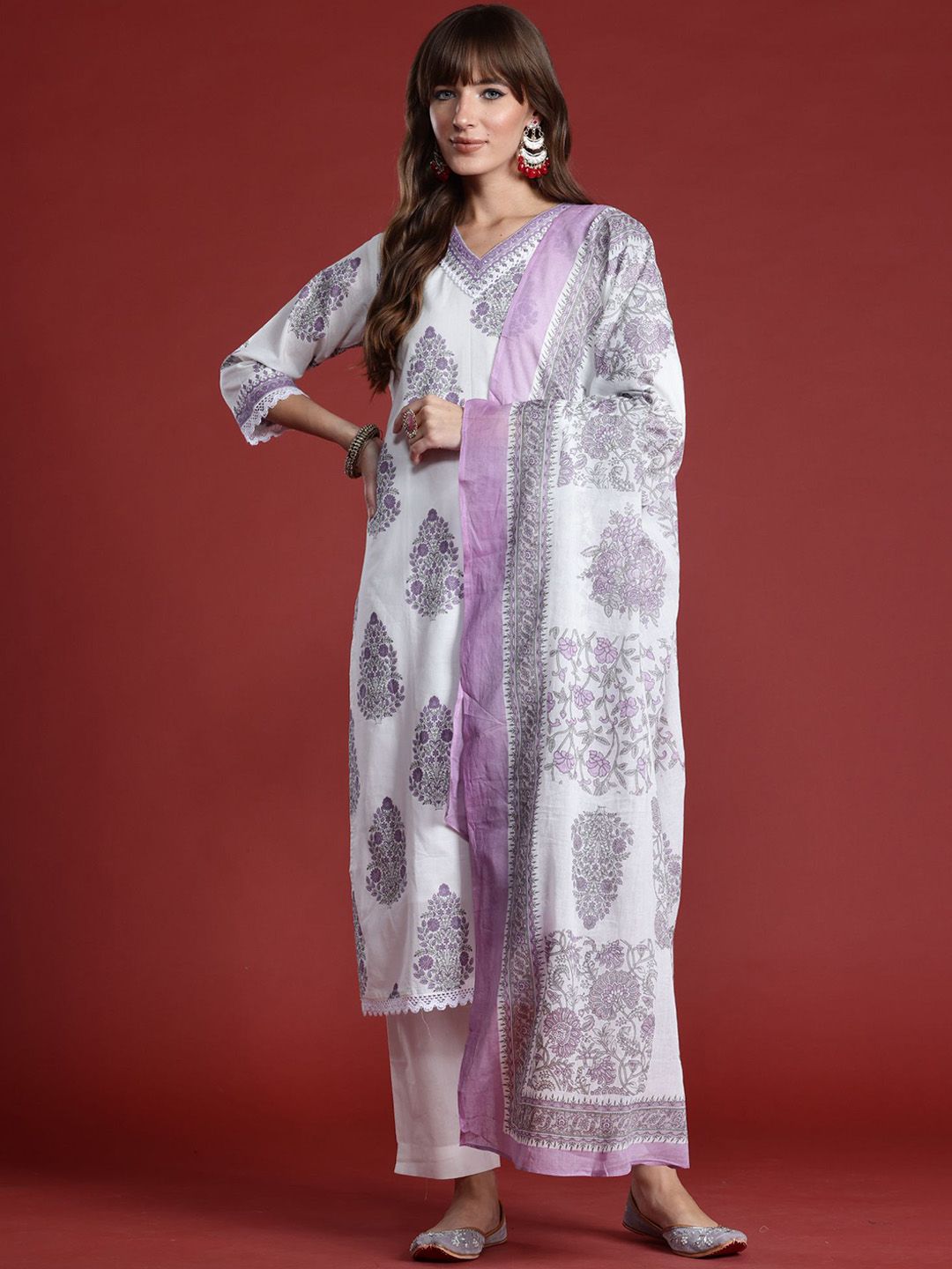 Floral Printed Sequinned V-Neck Pure Cotton Kurta with Trousers & Dupatta