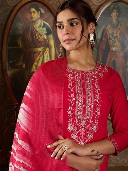 Floral Embroidered Thread Work Straight Kurta With Trousers And Dupatta