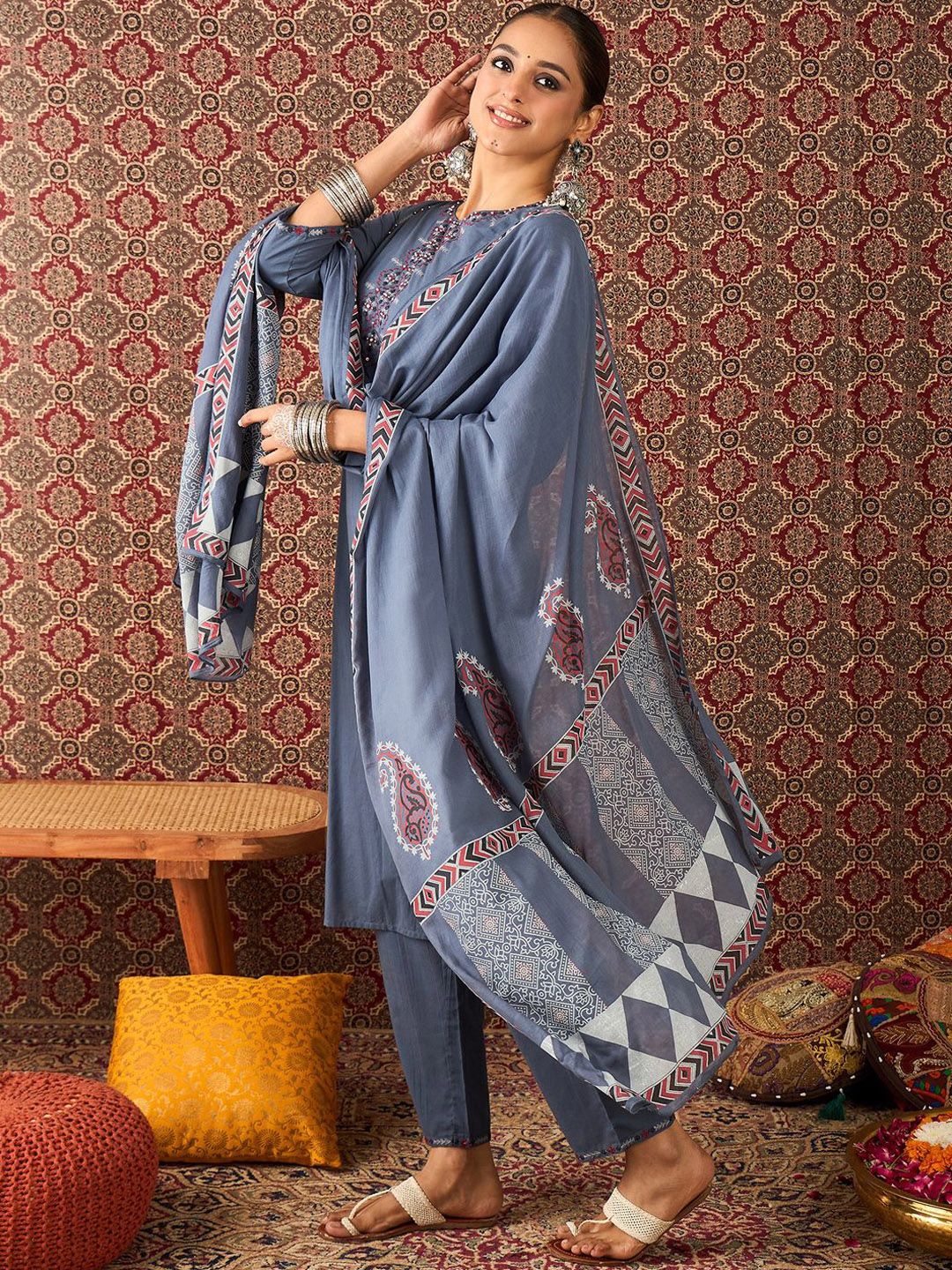 Women Pure Cotton Straight Kurta Trousers With Dupatta set