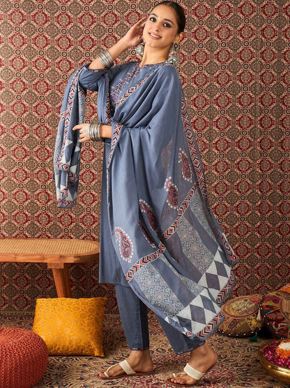 Women Pure Cotton Straight Kurta Trousers With Dupatta set