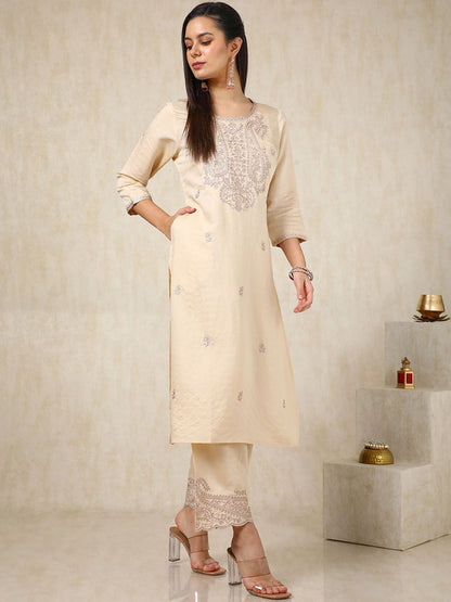 Dhiyona SO Women's Beige Paisley Embroidered Round Neck Regular Straight Kurta With Palazzo