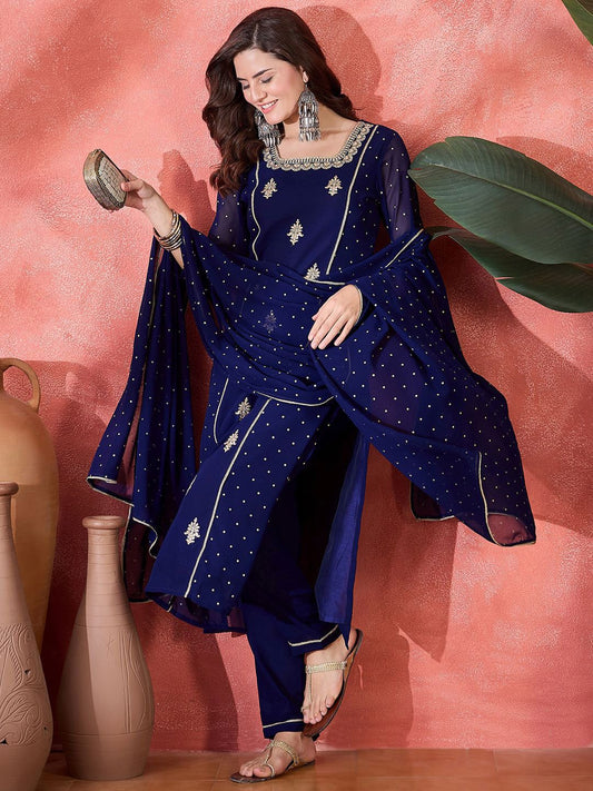 Dhiyona SN Women's Zari Sequence Thread Embroidered Straight Kurta With Trousers & Dupatta