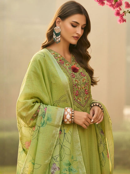 Ethnic Motifs Embroidered Thread Work Linen Kurta With Trousers & Dupatta