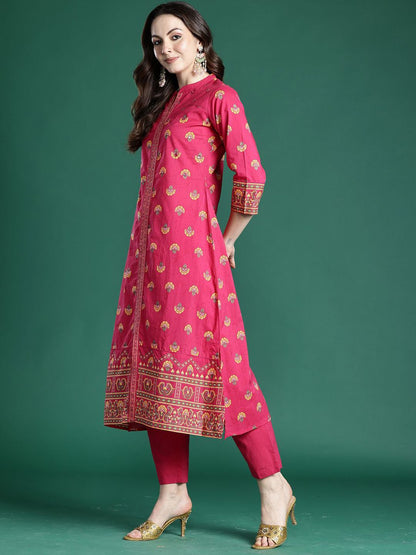 Dhiyona IE Printed Pure Cotton Straight Tunic & Trousers Co-Ord Set