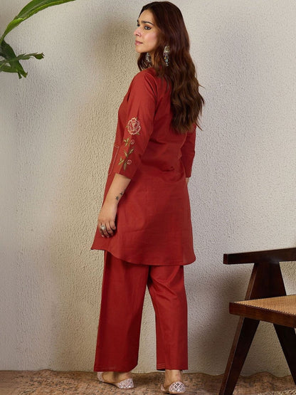 Floral Embroidered Mandarin Collar Thread Work Pure Cotton Kurta With Trousers