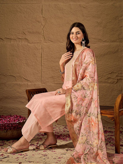 Dhiyona PD Women Embroidered Round Neck Kurta Trouser Dupatta Set