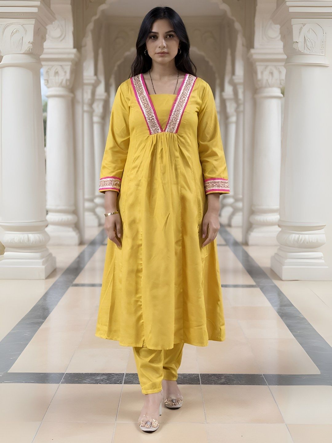 Dhiyona IE Women's Women Ethnic Motifs Embroidered V-Neck Sequinned Kurta with Trousers