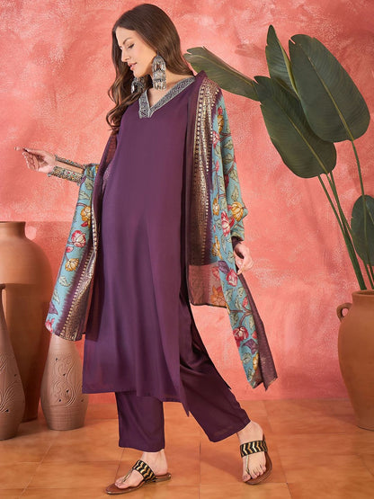 Dhiyona SN Women's Embroidered V-Neck Straight Kurta With Trousers & Dupatta