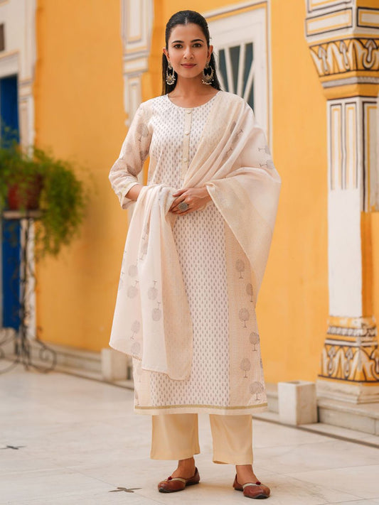 Dhiyona RR Women's Ethnic Motifs Printed Regular Chanderi Cotton Straight Kurta Set