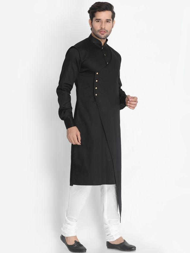 Men's Black Cotton Cotton Satin Asymmetric Kurta Pyjama Set
