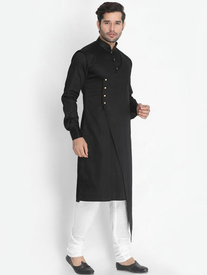 Men's Black Cotton Cotton Satin Asymmetric Kurta Pyjama Set