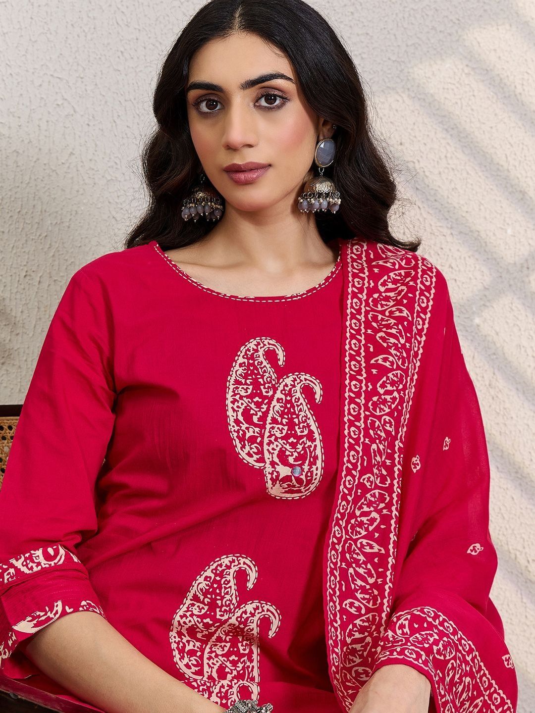 Paisley Printed Thread Work Pure Cotton Kurta With Trousers & Dupatta