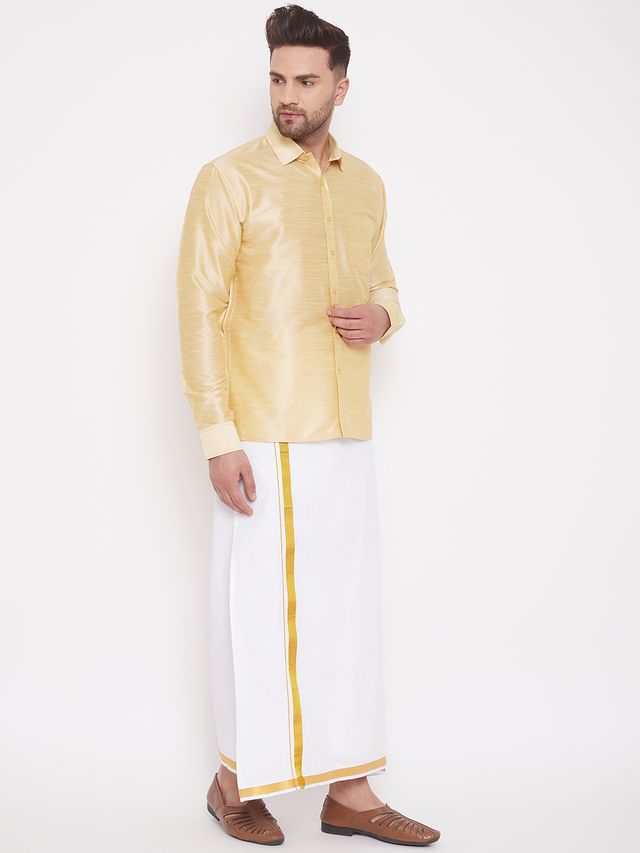 Men's Gold Silk Blend Straight Shirt And Mundu