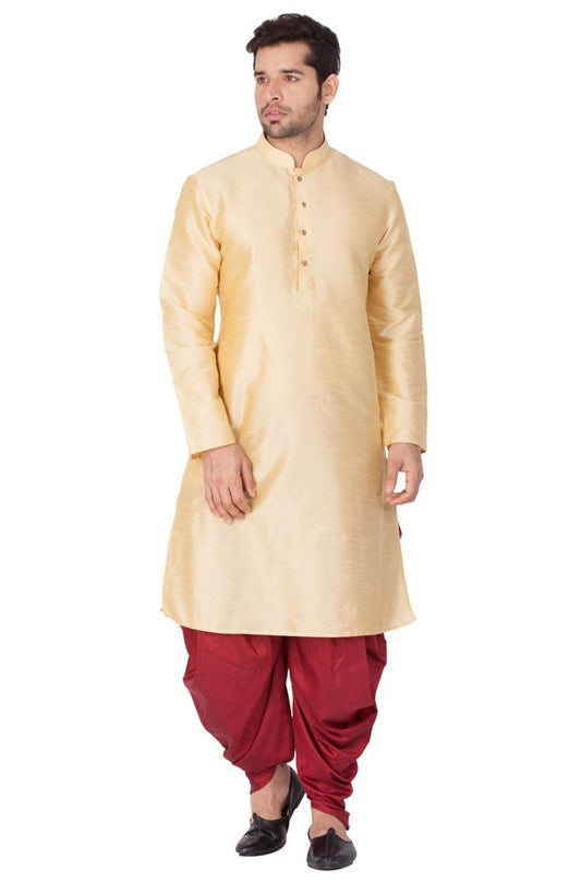 Men's Gold Silk Blend Straight Kurta and Dhoti Set