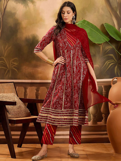 Dhiyona SN Women's Printed With Gota Patti Pure Cotton Anarkali Kurta with Trousers & Dupatta