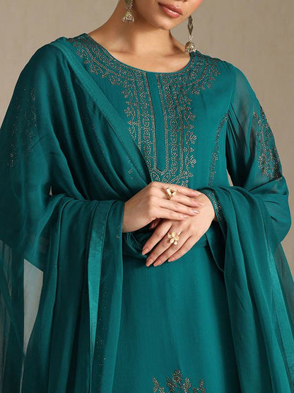 Dhiyona SO Women's Floral Embroidered Beads And Stones Georgette A-line Kurta With Pyjamas And Dupatta