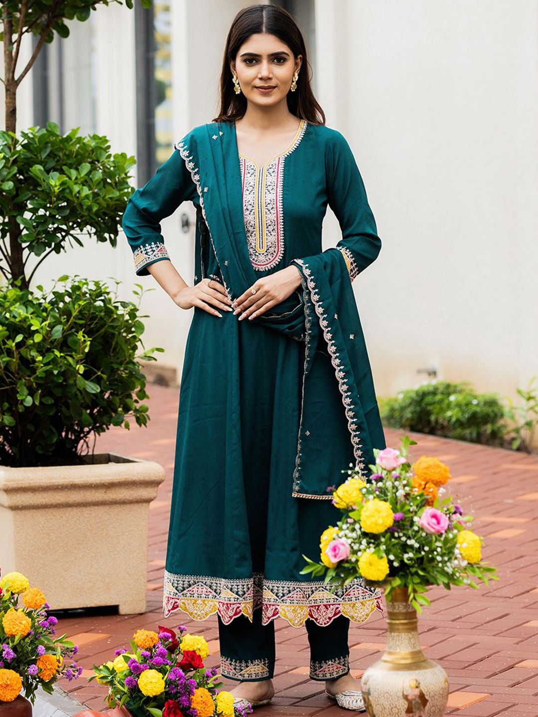 Dhiyona CH Women Floral Embroidered A-Line Kurta with Trousers & Dupatta