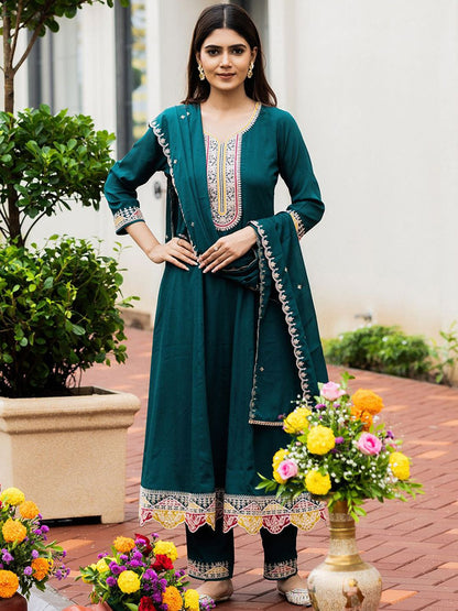 Dhiyona CH Women Floral Embroidered A-Line Kurta with Trousers & Dupatta