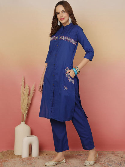 Dhiyona SN Women's Embroidered Pure Cotton Straight Kurta With Trousers