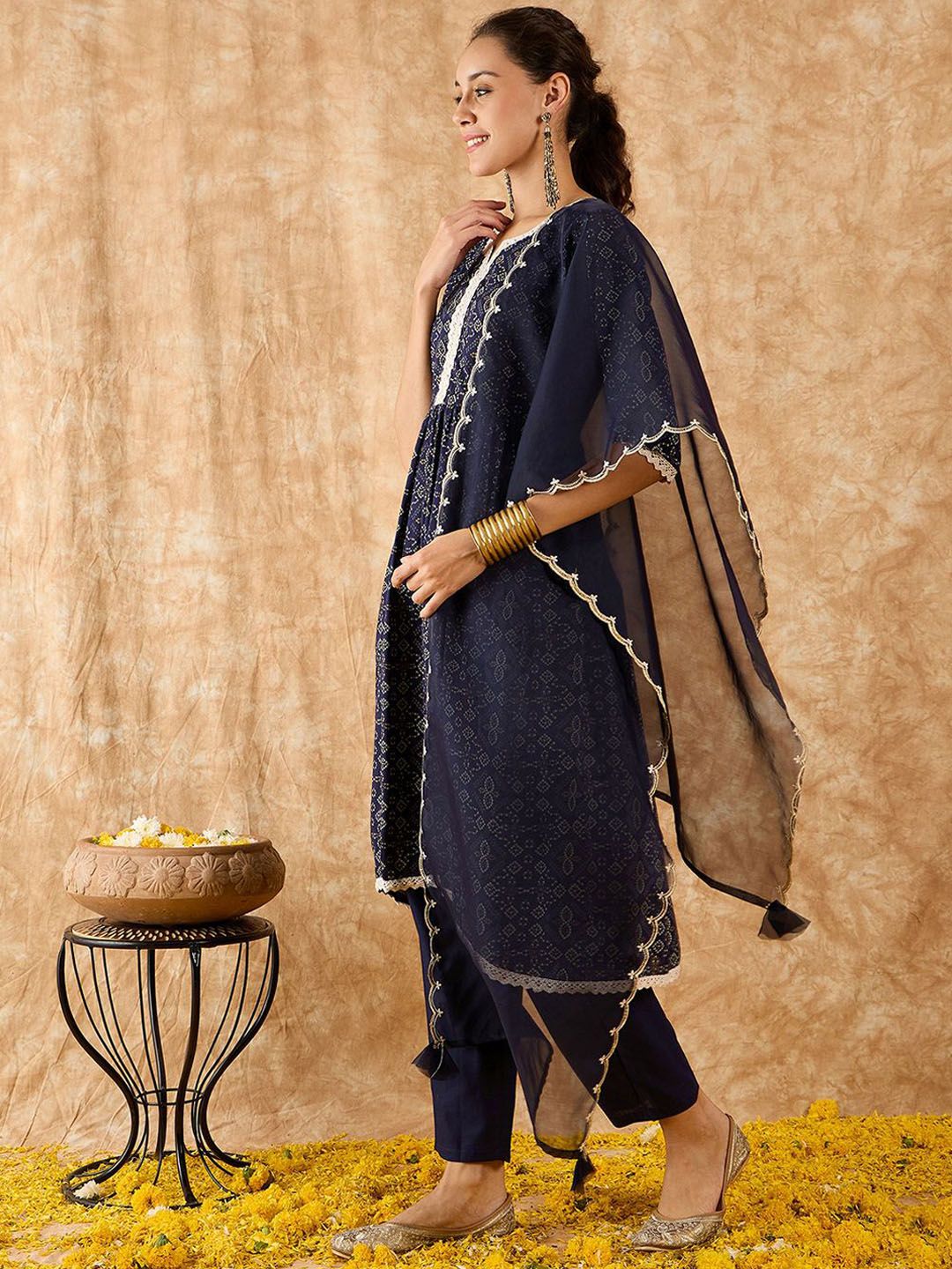 Bandhani Printed A-Line Kurta with Trousers & Dupatta