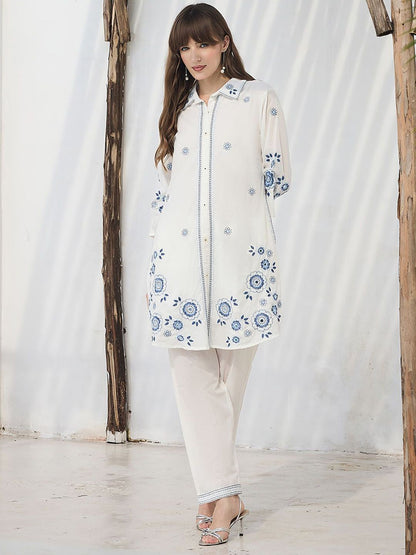 Dhiyona IE Floral Embroidered Pure Cotton Shirt Collar Tunic With Trousers