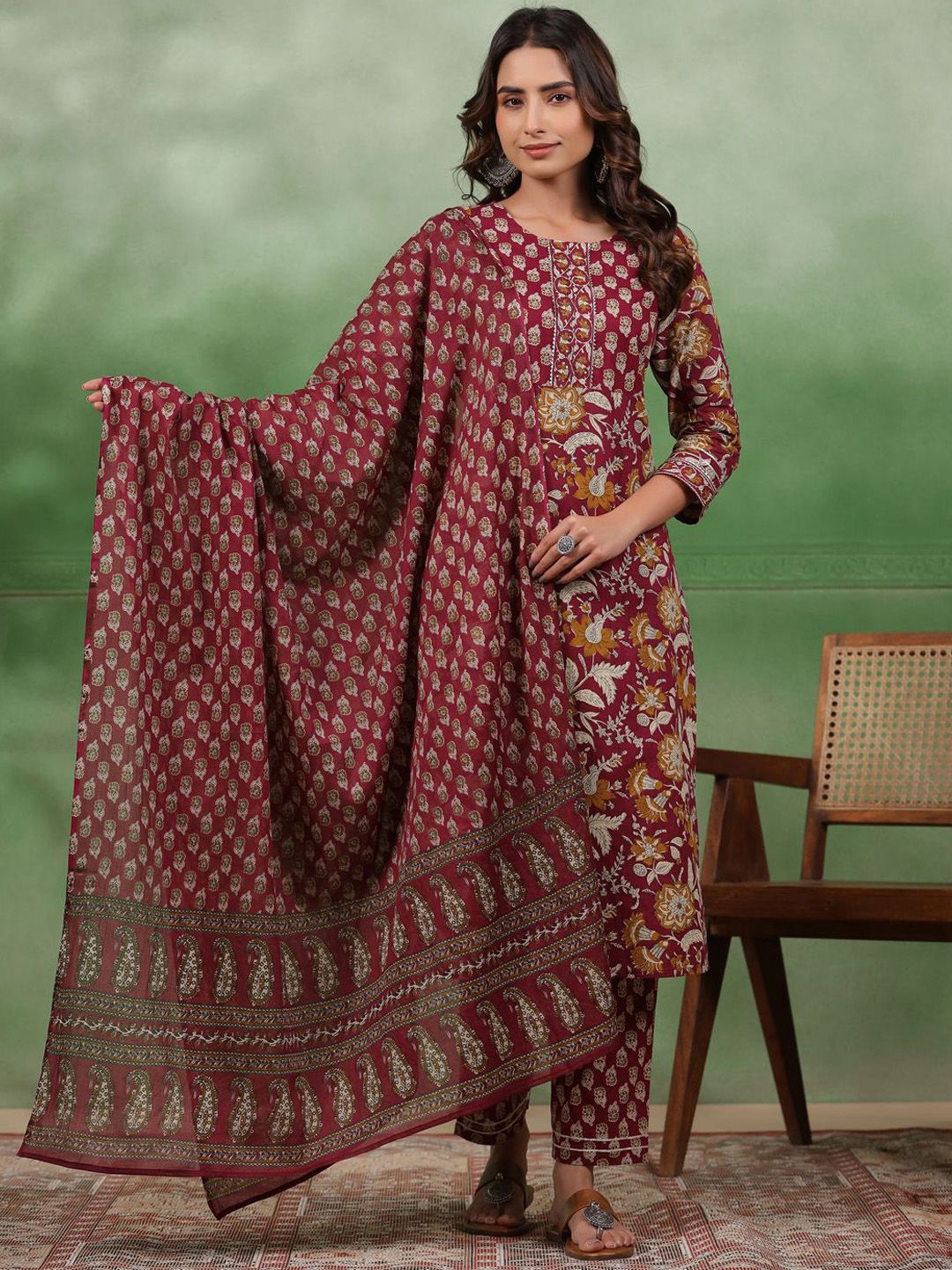 Dhiyona SN Women's Maroon Floral Printed Round Neck Pure Cotton Kurta With Trousers & Dupatta