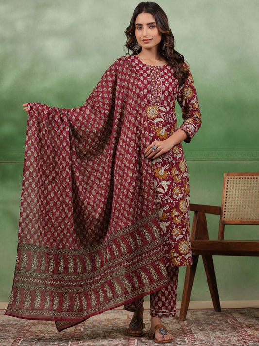 Dhiyona SN Women's Maroon Floral Printed Round Neck Pure Cotton Kurta With Trousers & Dupatta