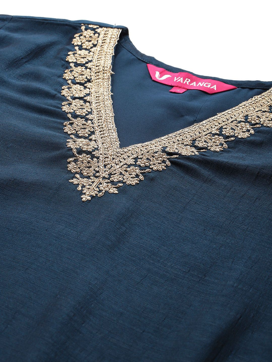 Dhiyona VA Women'sBlue Floral Embroidered V-Neck Regular Straight Kurta With Palazzo With Dupatta