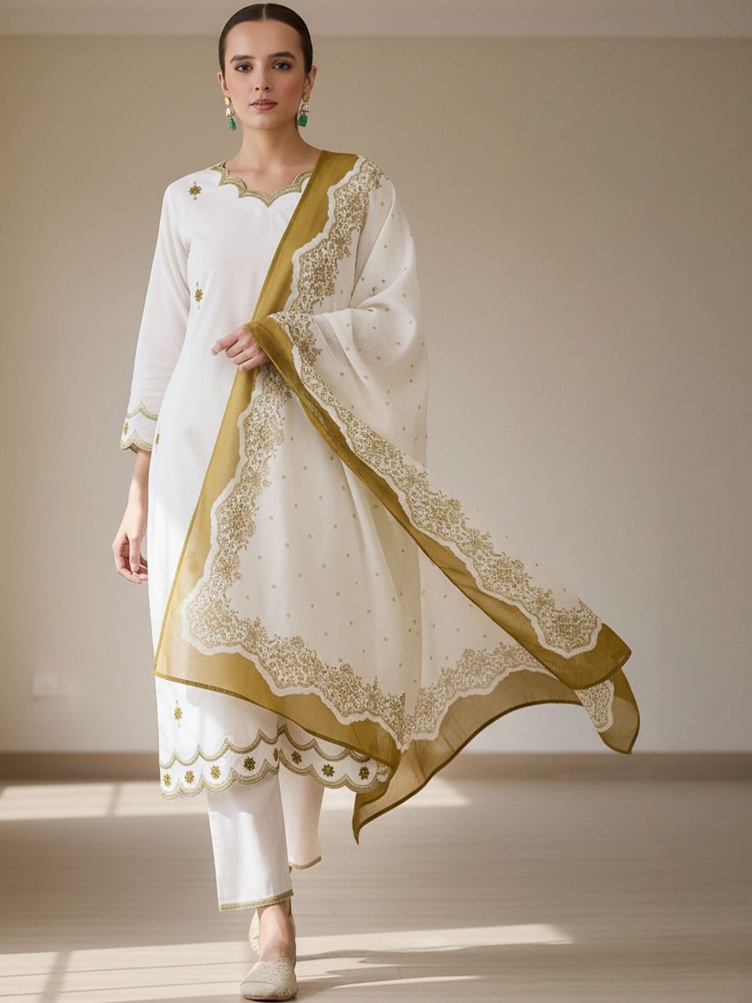 Ethnic Motifs Embroidered Sequinned Pure Cotton Kurta With Trousers & Dupatta