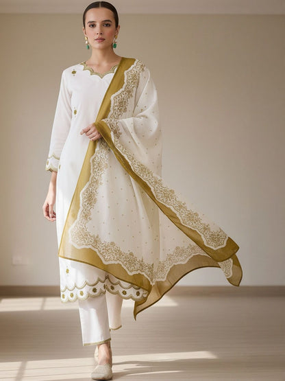 Ethnic Motifs Embroidered Sequinned Pure Cotton Kurta With Trousers & Dupatta