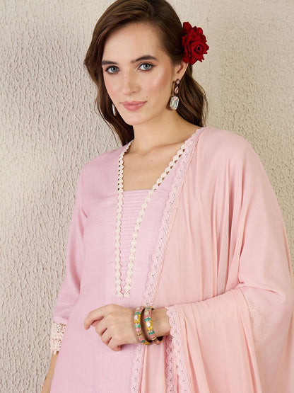 Women Floral Printed Linen Kurta with Trousers & Dupatta