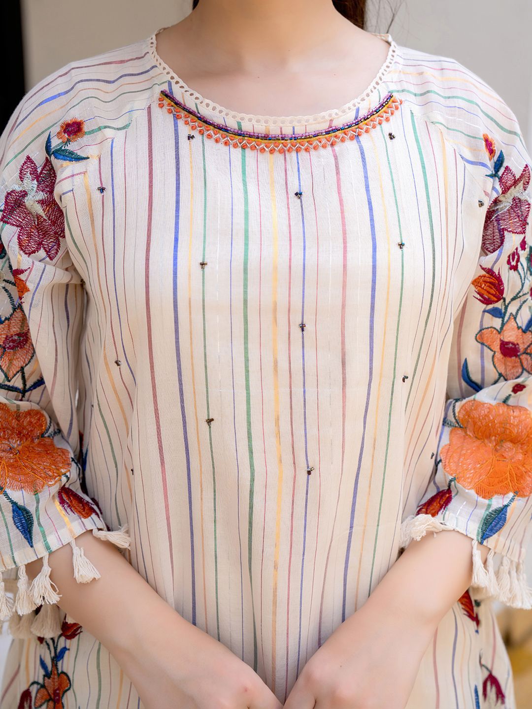 Dhiyona IE Floral Embroidered Round Neck A-Line Pure Cotton Kurta With Palazzos