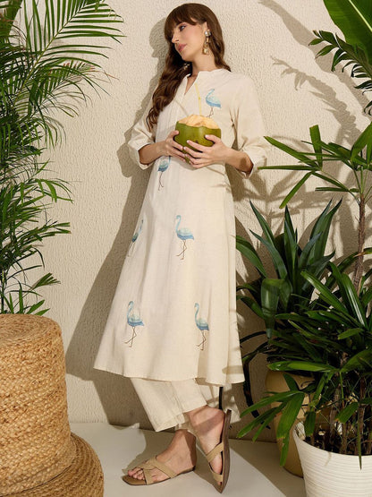 Dhiyona IE Embroidered Mandarin Collar A-Line Pure Cotton Kurta With Pants