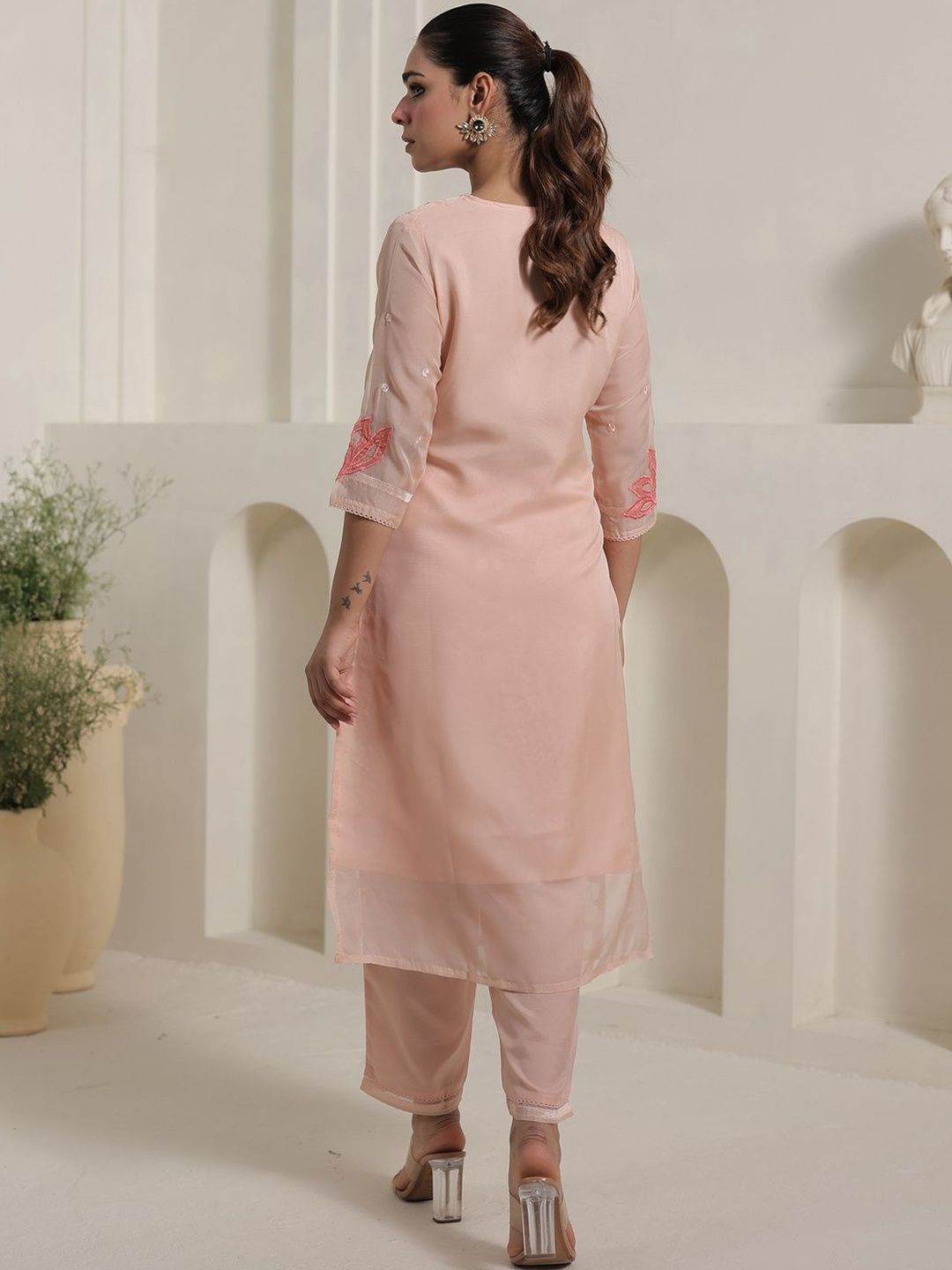 Floral Embroidered Thread Work Organza Straight Kurta With Trousers & Dupatta