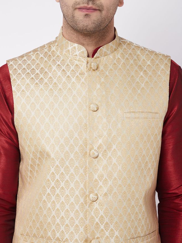 Men's Maroon Silk Blend Straight Jacket  Kurta and Dhoti Set