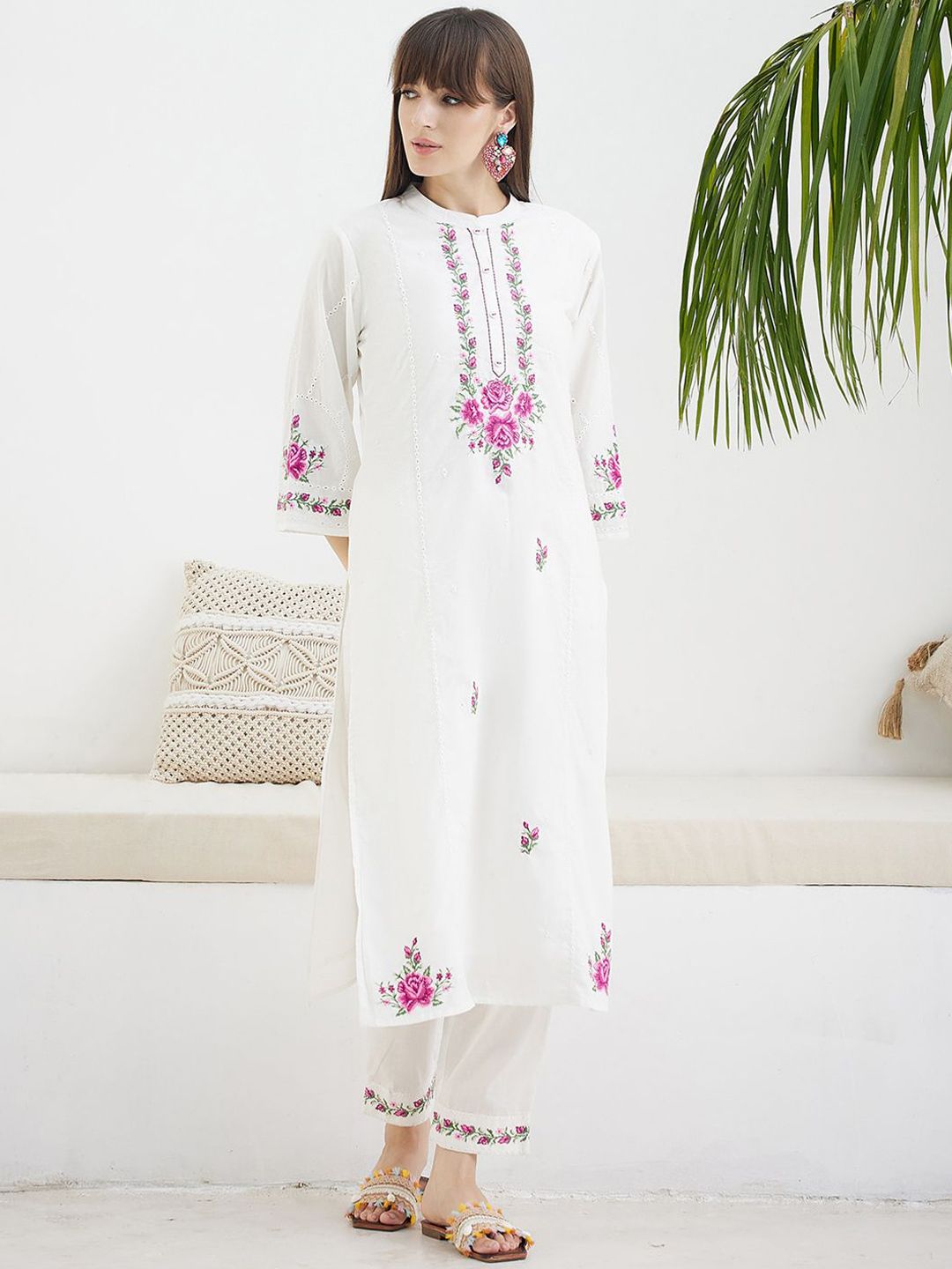 Floral Embroidered Thread Work Pure Cotton Kurta With Trousers & Dupatta