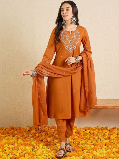 Women Ethnic Motifs Embroidered Regular Thread Work Pure Cotton Kurta with Trousers & With Dupatta