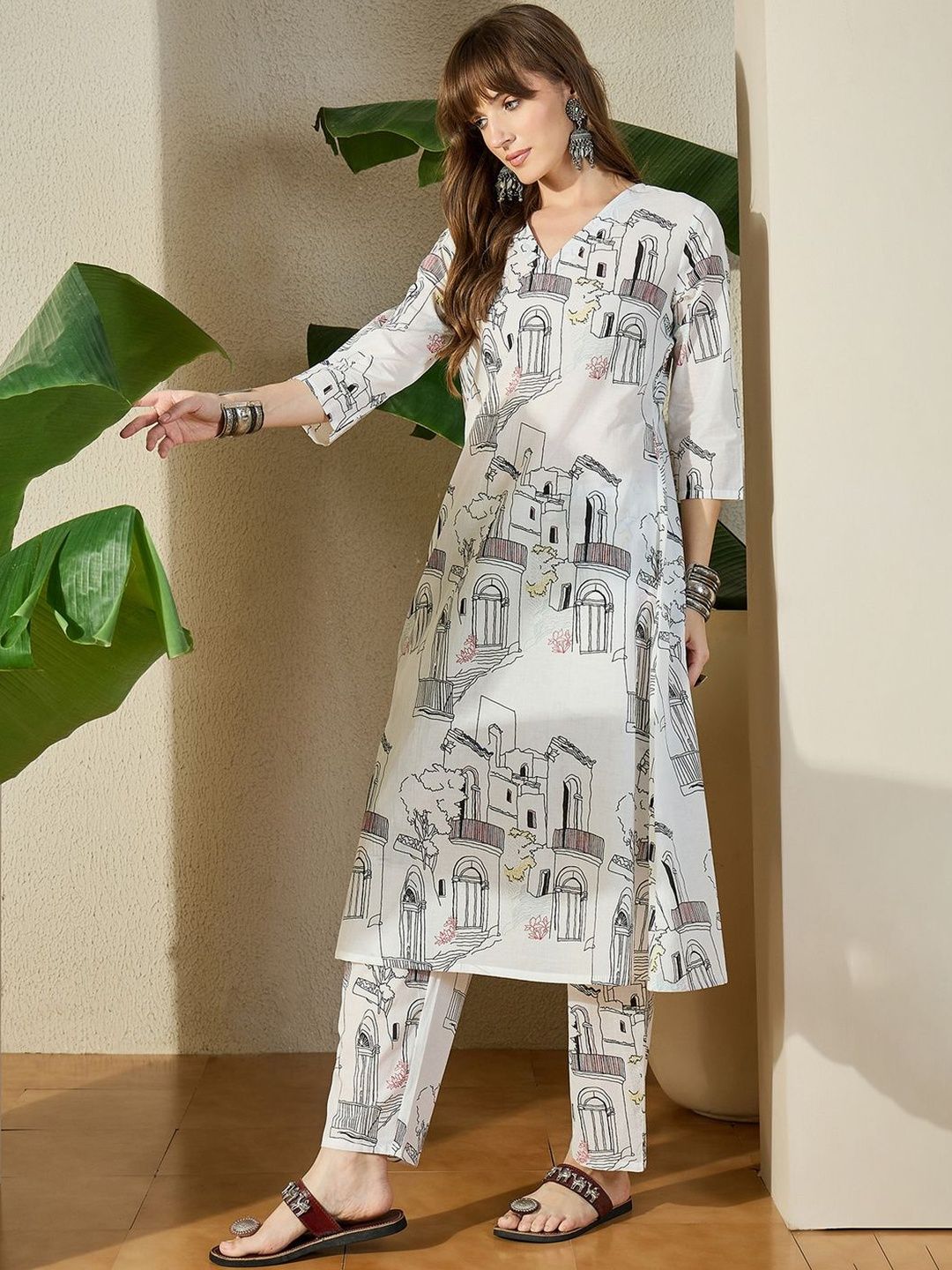 Women White Printed Regular V-Neck A-Line Pure Cotton Kurta Sets