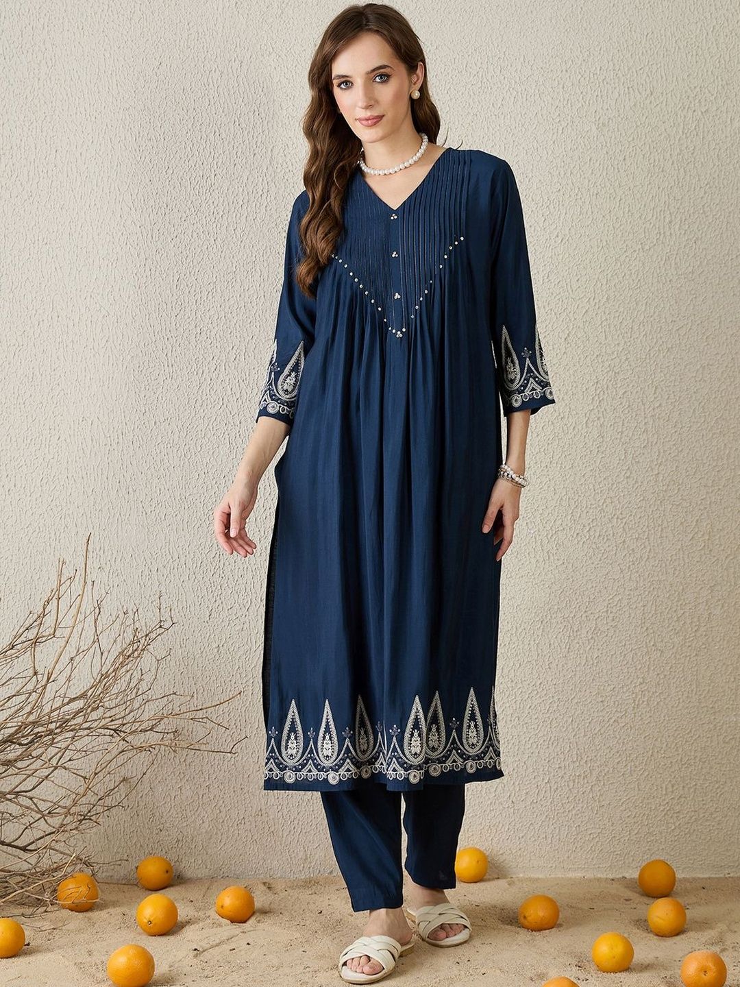 Dhiyona IE Floral Embroidered Pleated Kurta with Trousers