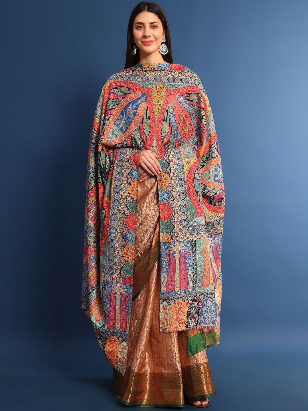 Dhiyona PA Ethnic Motifs Embroidered Woollen Kalamkari Shawl