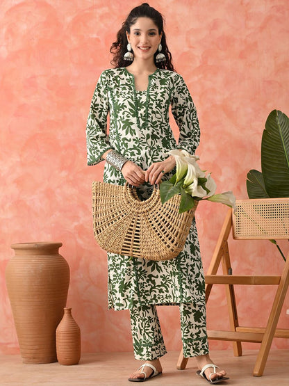 Dhiyona SN Women's Floral Printed Pure Cotton A-Line Kurta & Palazzo