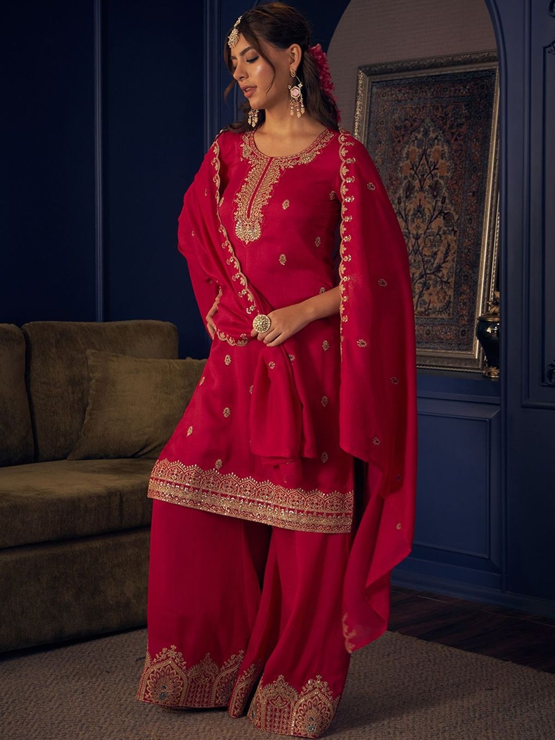 Dhiyona CH Women Ethnic Motifs Embroidered Regular Kurta with Palazzos & With Dupatta