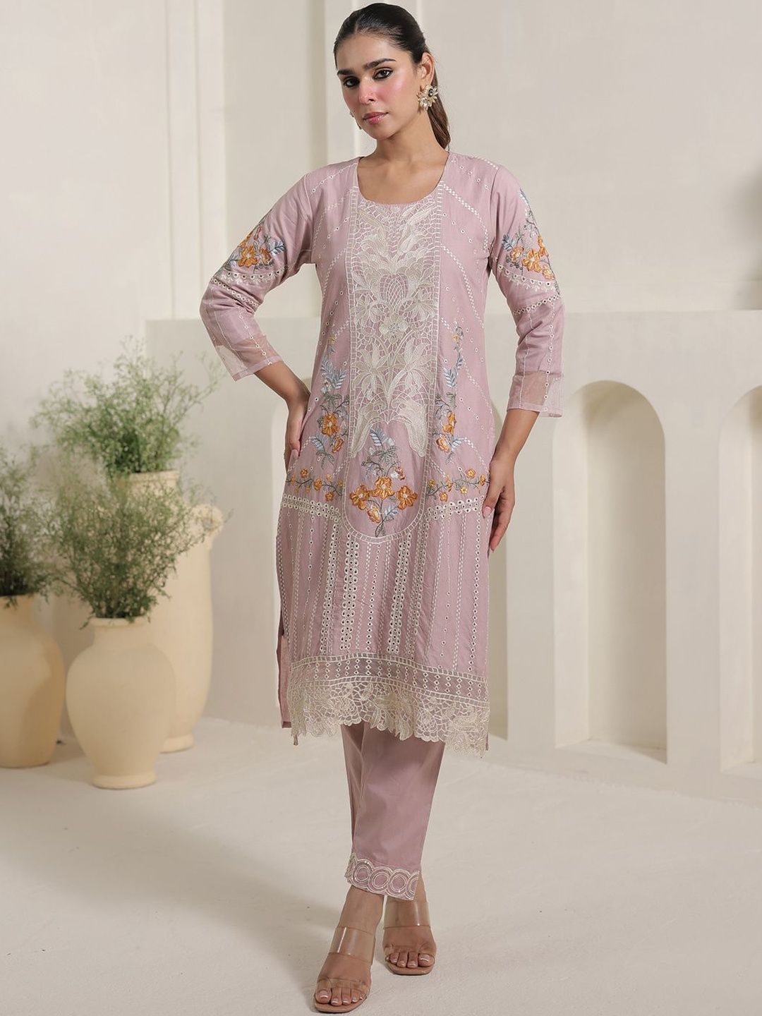 Women Floral Embroidered Sequinned Pure Cotton Kurta with Trousers & Dupatta