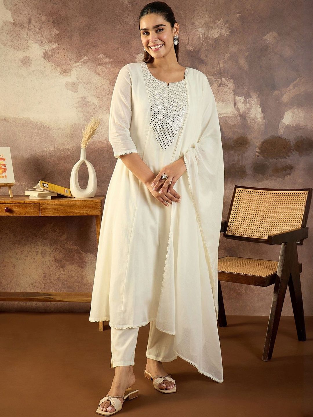 Dhiyona IE Women Solid Cotton A-Line Kurta with Trousers & Dupatta